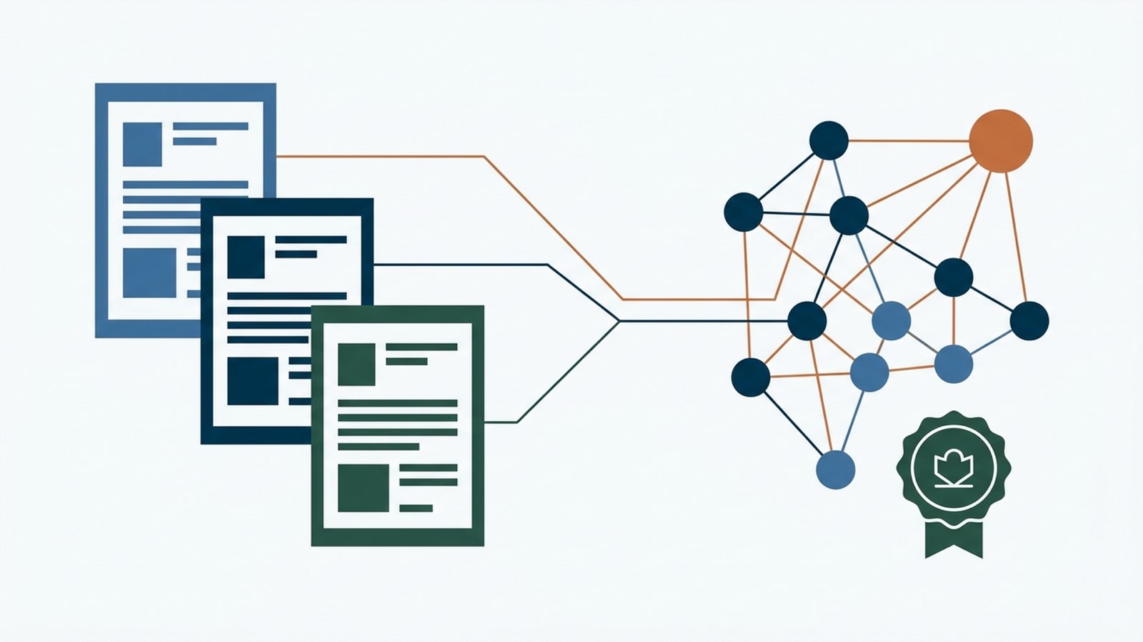 Flat illustration of a policy document, a courthouse outline and an organization chart linked by thin copper and navy lines to a node network, copper accent upper right
