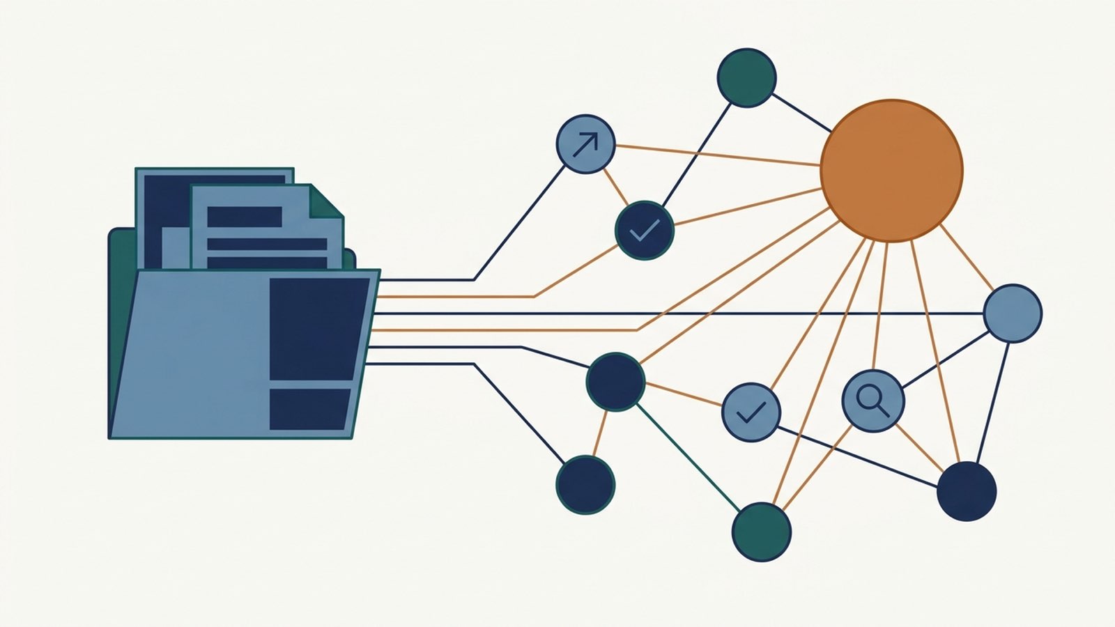 Flat illustration of a filing cabinet with open drawers linked by thin copper and navy lines to a tidy cluster of circular nodes, with a copper node in the upper right