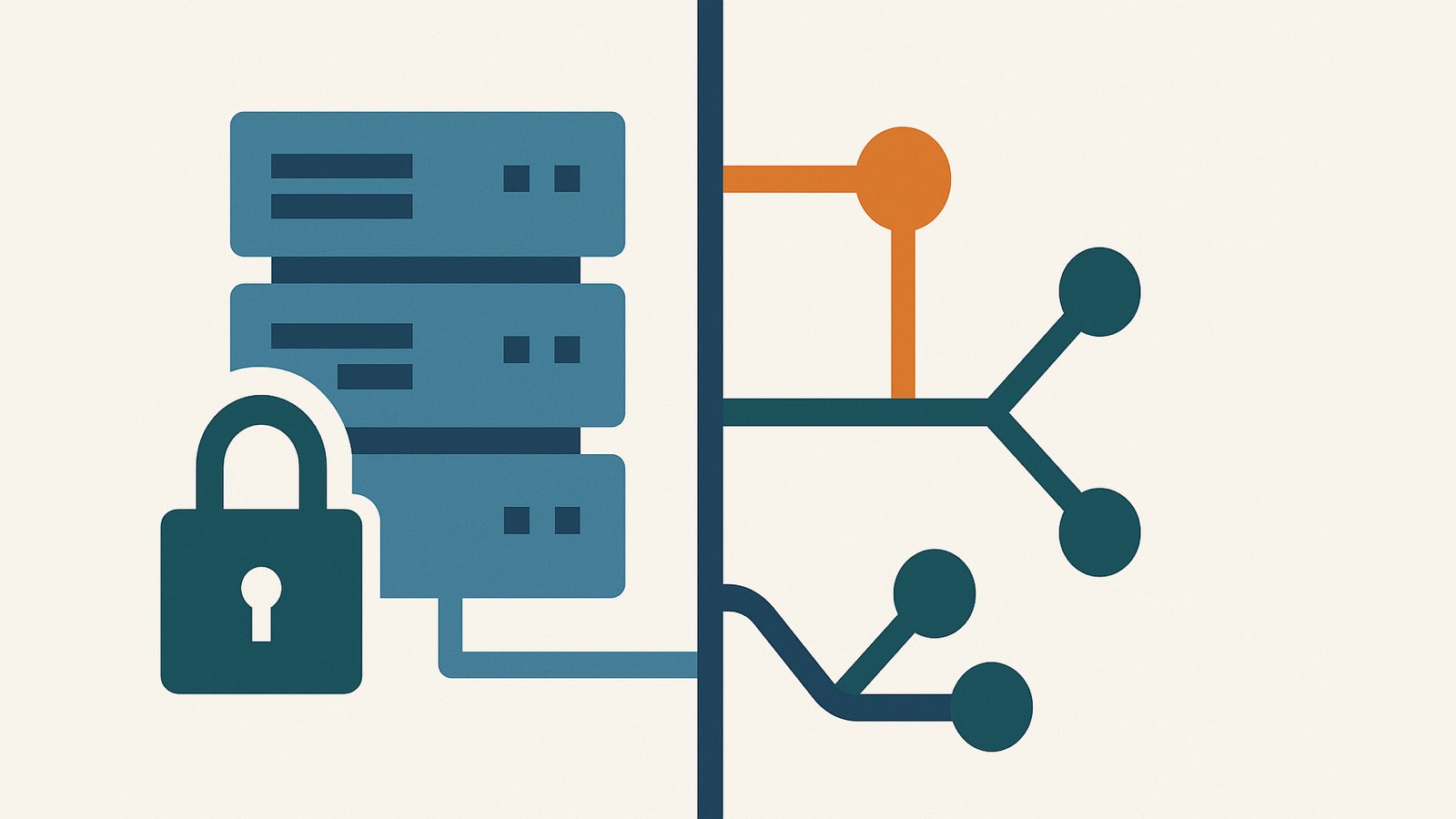 Flat illustration of a single server block linked by copper and navy lines to many small building shapes and a node cluster, copper node upper right