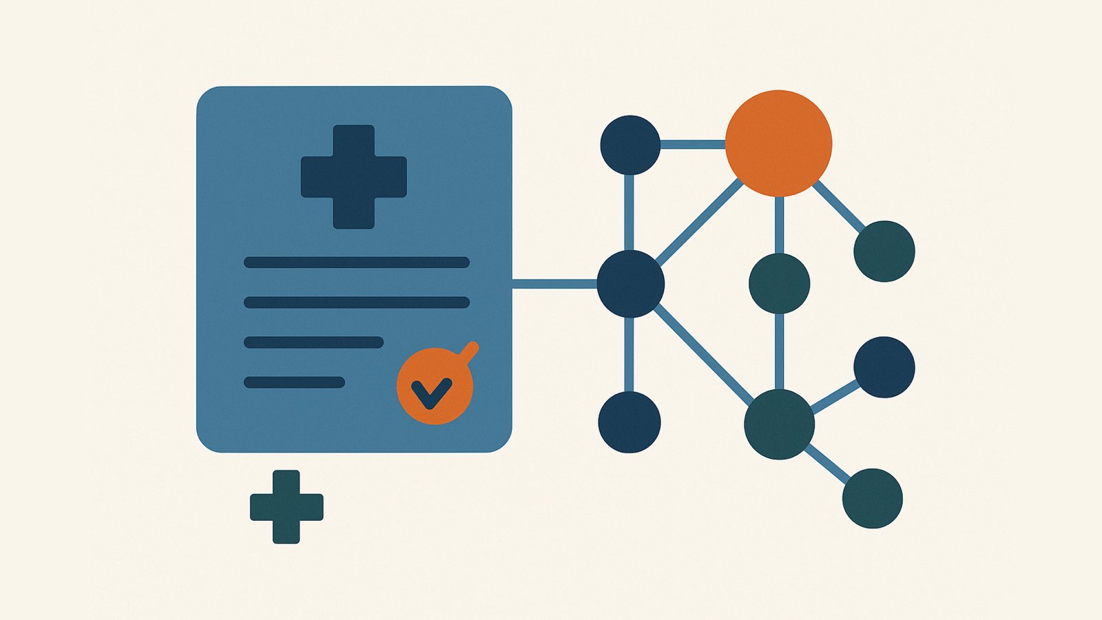 Flat illustration of a document with a magnifying glass and an open ledger linked by thin copper and navy lines to a small node network, copper node upper right