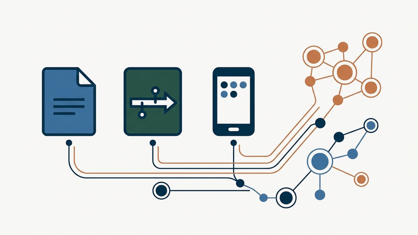 Flat illustration of a phone handset, an open folder and a meeting table linked by thin copper and navy lines to a tidy node network, copper accent upper right