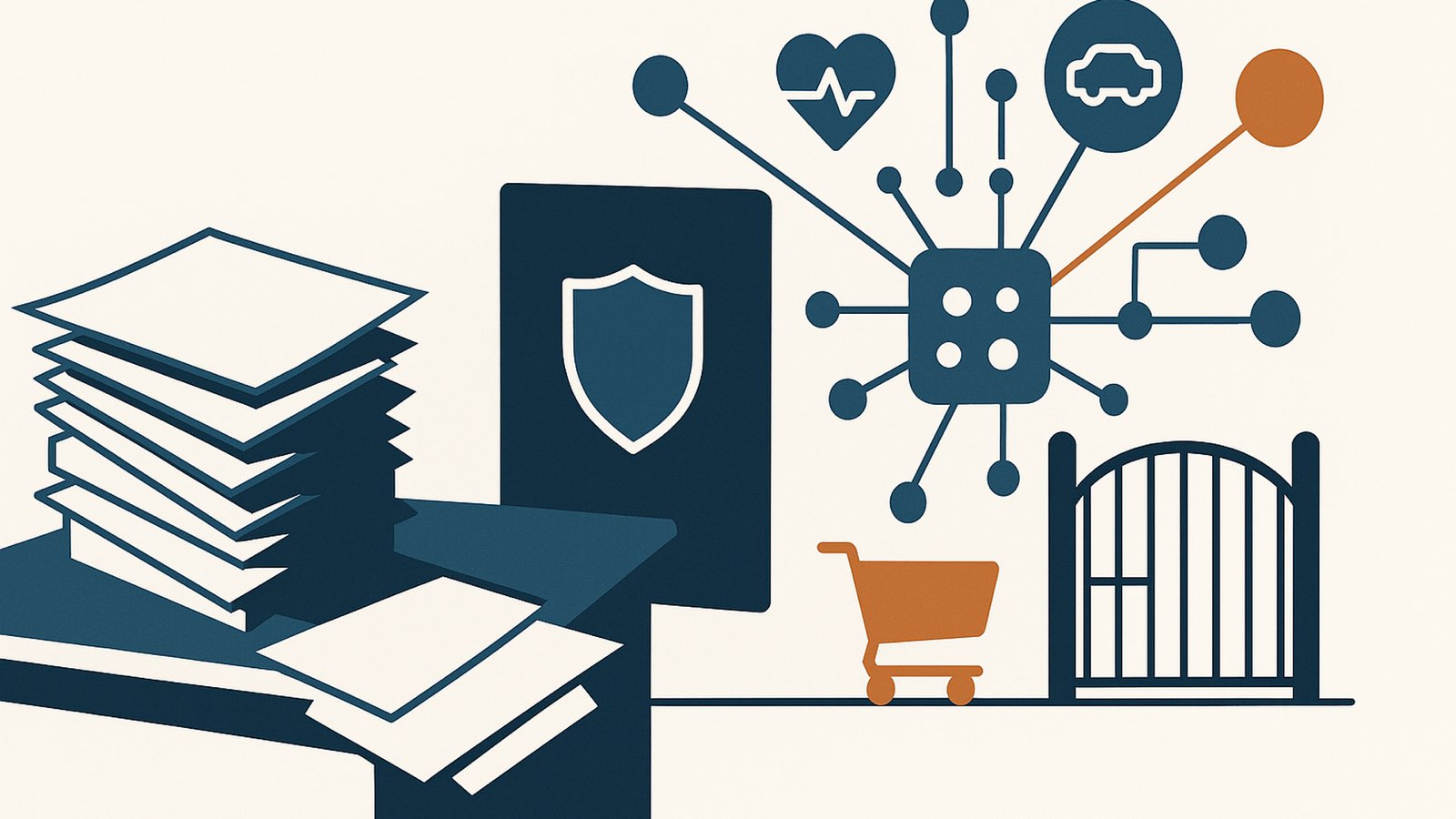 Flat illustration of a tall stack of blank papers on a desk beside a policy document with a shield, and a copper shopping cart at a closed gate under a node network, copper node upper right