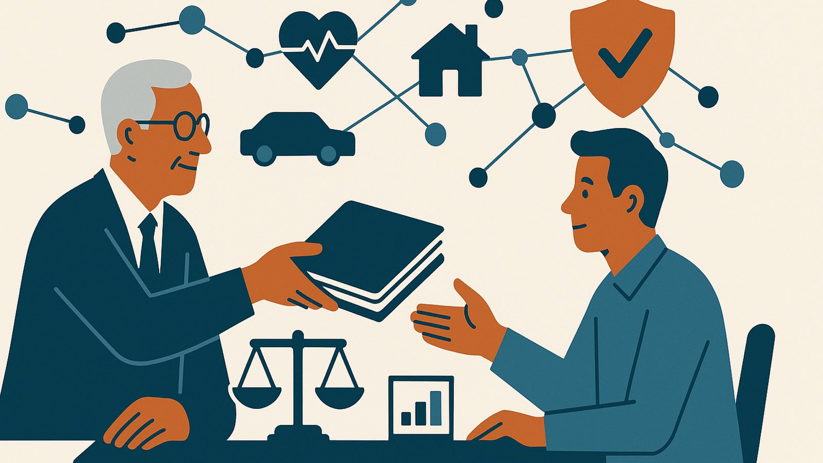 Flat illustration of a senior underwriter passing a thick folder across a desk to a younger colleague, with scales and a small bar chart on the desk and a node network of car, house and heart shapes above, copper shield upper right
