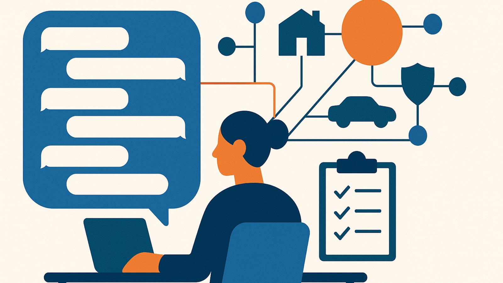 Flat illustration of a claims handler at a laptop beside a large speech bubble filled with blank message blocks and a ticked checklist, linked by thin lines to a node network with house, car and shield shapes, copper node upper right