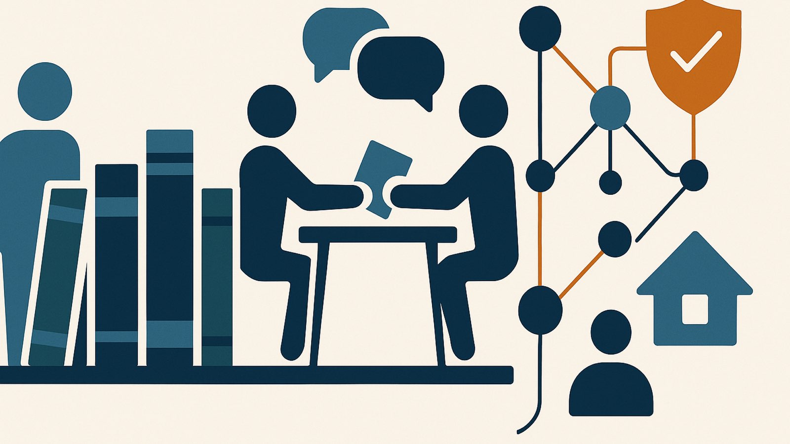 Flat illustration of two figures at a small table passing a book, with a bookshelf and a third figure on the left, speech bubbles above and a node network with a house shape on the right, copper shield upper right