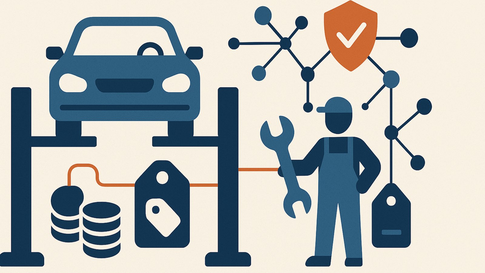 Flat illustration of a car raised on a workshop lift beside a mechanic holding a wrench, coin stacks and price tags, linked by thin lines to a node network, copper shield upper right