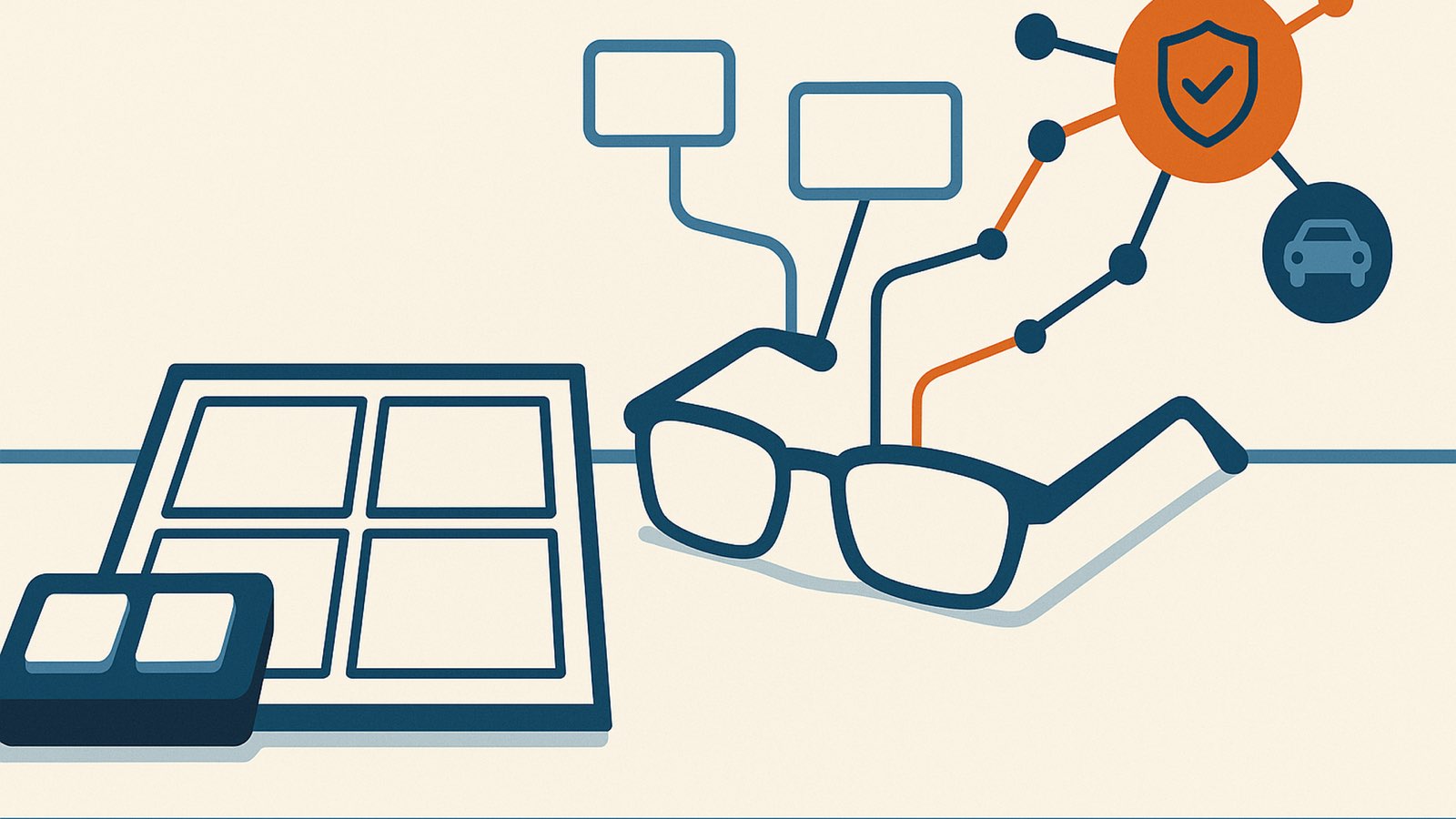 Flat illustration of a small two-key keypad, a blank comic page of empty panels and a pair of glasses with blank screens floating above, linked by thin lines to a node network with a car shape, copper shield node upper right