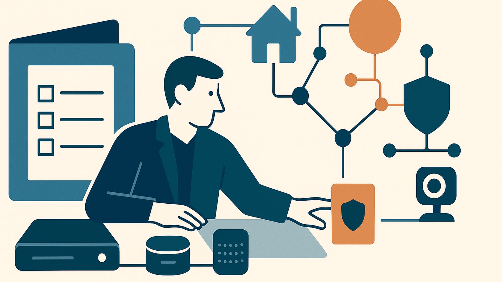 Flat illustration of a reviewer at a desk beside a checklist folder and a copper card with a shield, with a set-top box, smart speaker and camera linked to a node network of house and shield shapes, copper node upper right