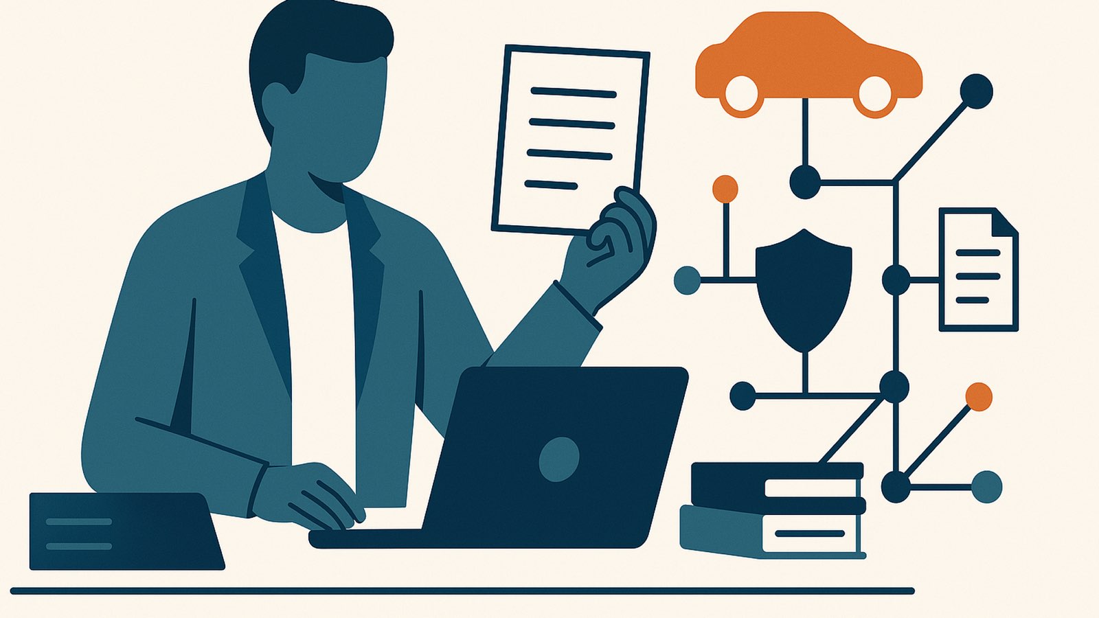 Flat illustration of a claims handler at a laptop holding up a blank job-description sheet, with a stack of files and a node network of car, shield and document shapes, copper car upper right