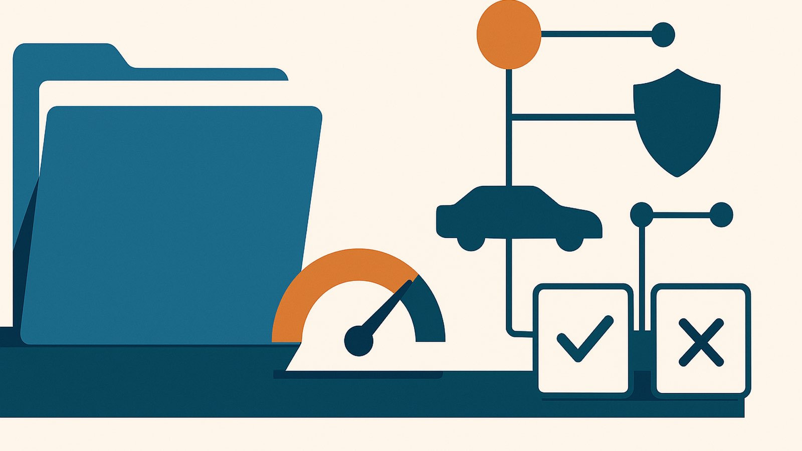 Flat illustration of a blank document folder beside a gauge dial and two answer cards marked with a check and a cross, linked by thin lines to a node network with car and shield shapes, copper node upper right