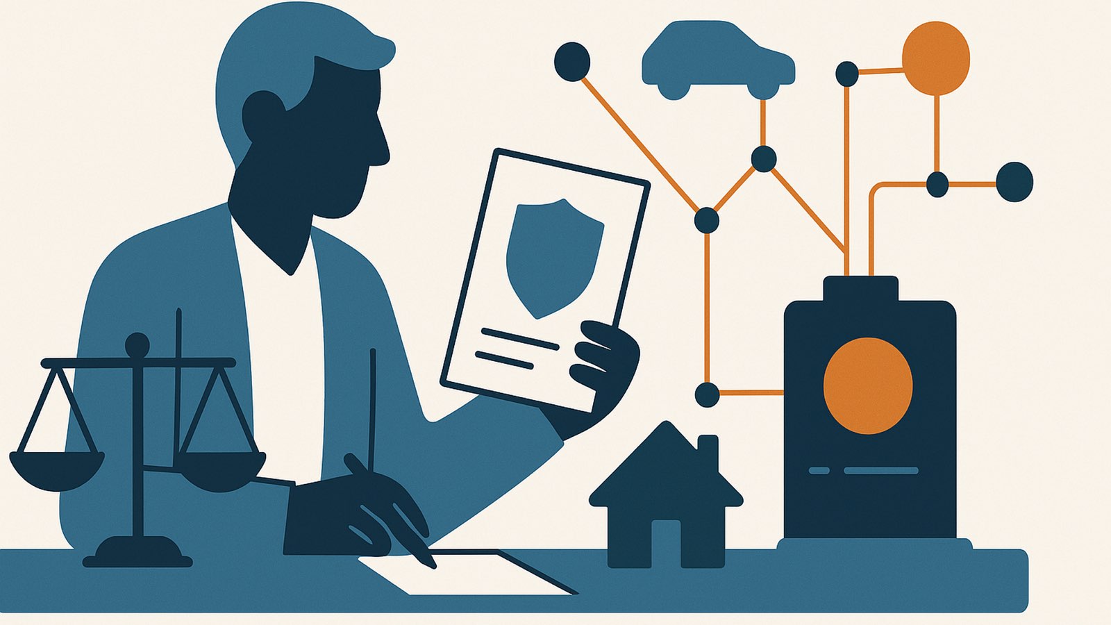 Flat illustration of a claims officer reviewing a document marked with a shield, beside a balance scale, a small house and a machine with a large copper stop button, linked to a node network, copper node upper right