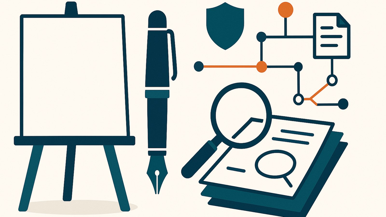 Flat illustration of a blank canvas on an easel, a fountain pen, and a magnifying glass over a stack of documents, linked to a node network with shield and document shapes, copper node upper right