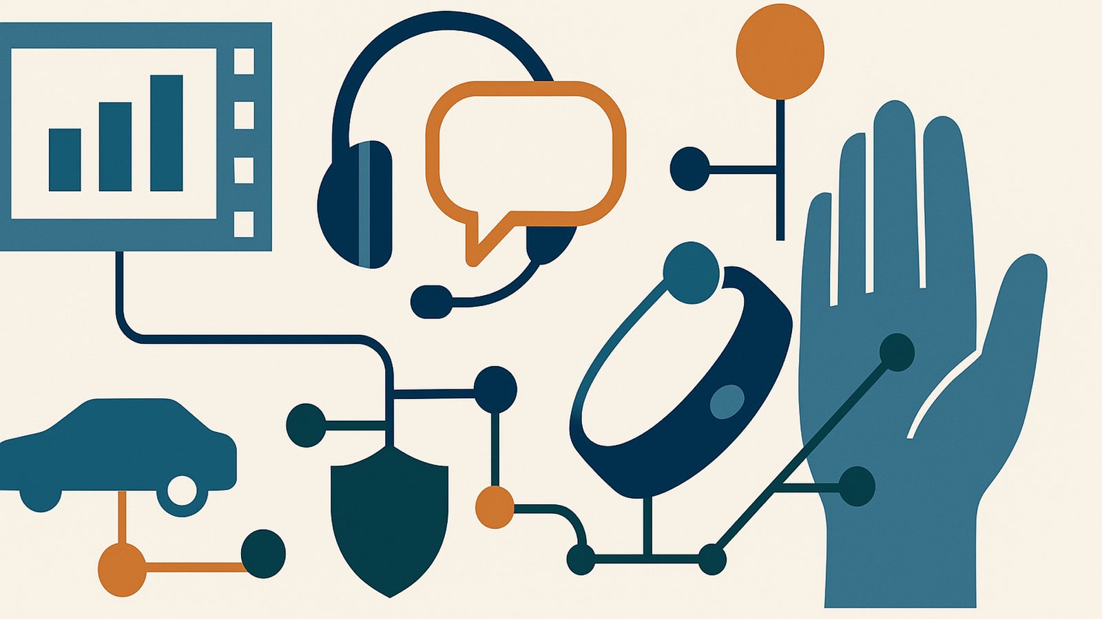 Flat illustration of a film-strip frame holding a bar chart, a headset with a speech bubble, a smart ring and an open hand, linked by thin lines to a node network with car and shield shapes, copper node upper right